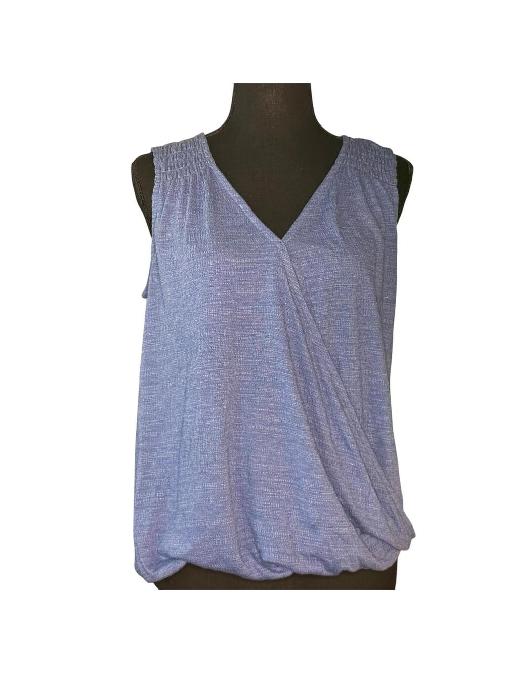 Cable & Gauge Blue Faux Wrap Sleeveless Bubble Hem Knit Top